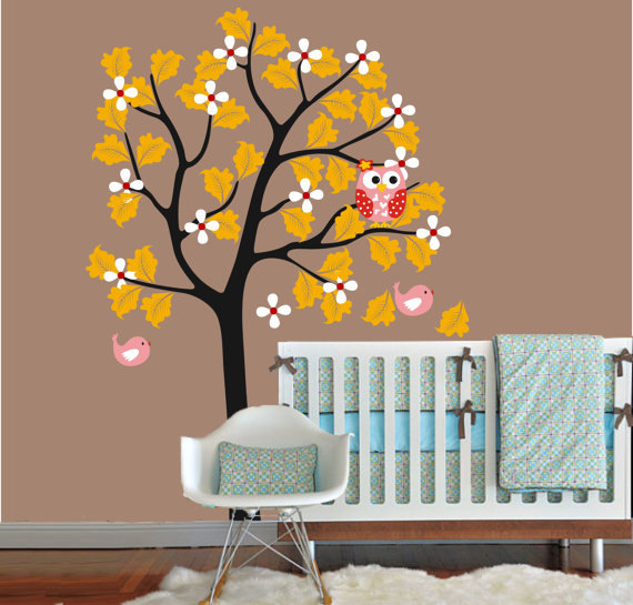 Crib Nursery Big Leaf Tree With Flower Owl Bird Owls Home House Art Decals Wall Sticker Vinyl Wall Decal Stickers Baby Bed Room Kids 877