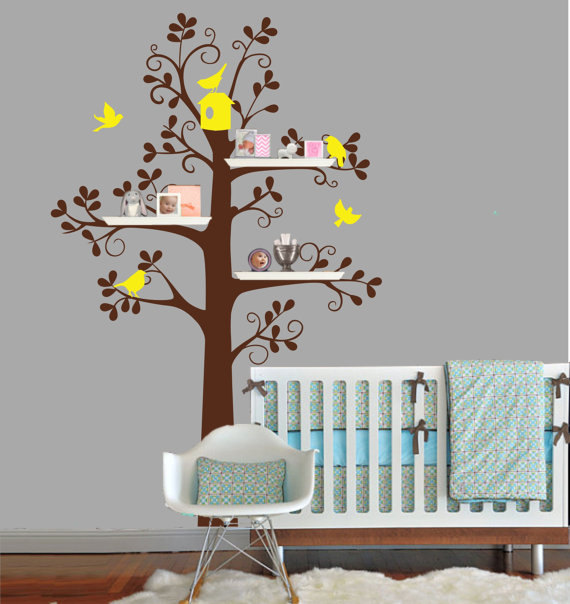 Nursery Tree Wall Decal Shelves Shelving Birds Trees Leaf Bird